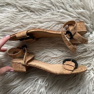 Schutz Mel Cortica Tan Cork Leather Backed Buckle Strap Heeled Sandals EUC 7.5